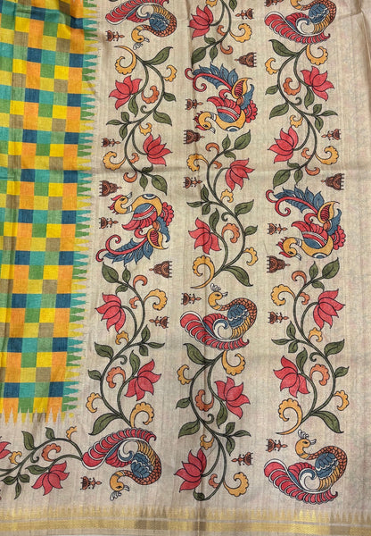 Semi Tussar Saree-Yellow in Madras Checks with Peacock Floral Border