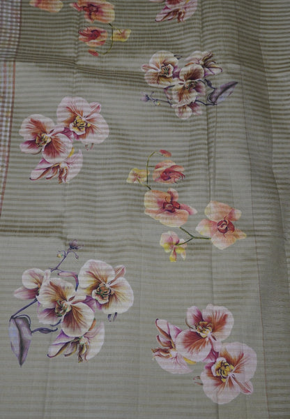 Organza Tussar  Saree - Green with Floral Pattern