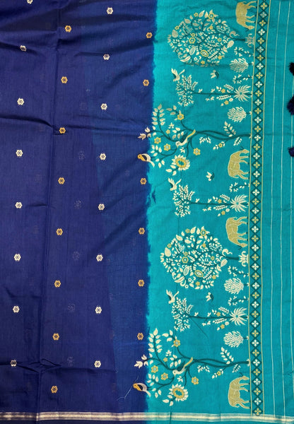 Gaji Silk Saree-Navy Blue In Warli Tree & Elephant With Contrast Border