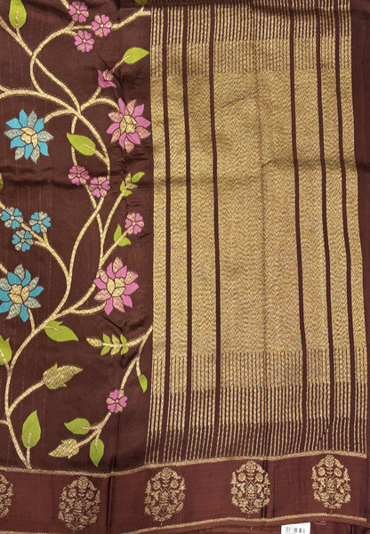 Kattan Silk Saree-Brown in Floral Vine Zari Border
