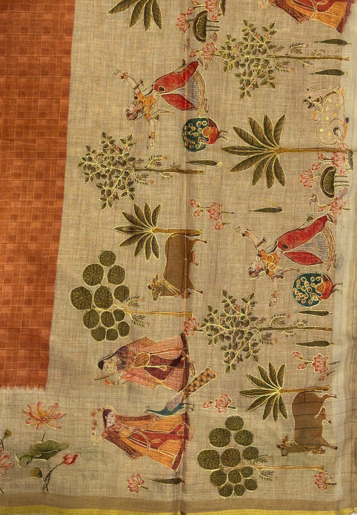 Tissue Linen Saree-Honey in Traditional Tribal Art Printed Border