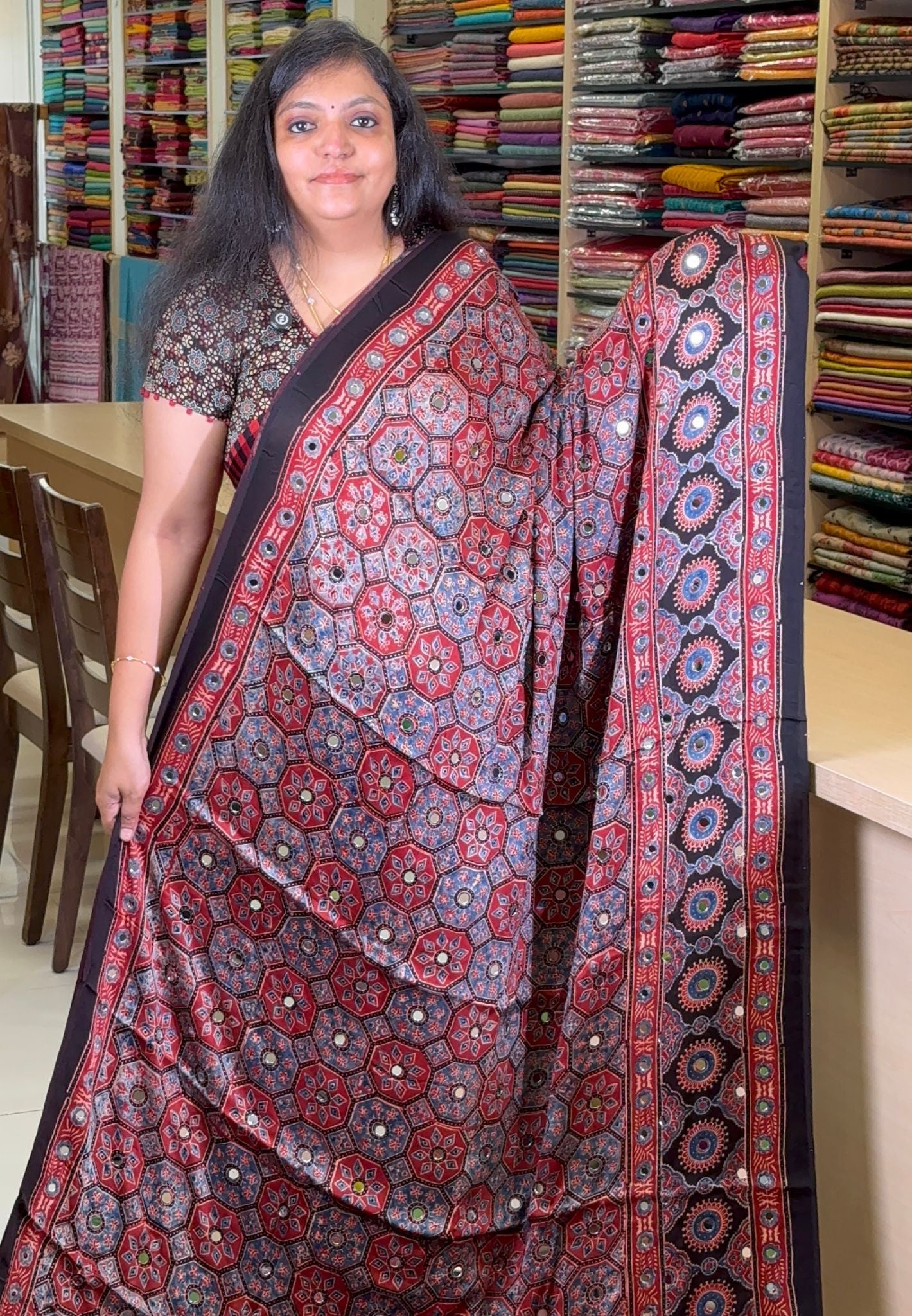 Pure Modal Silk Saree-Original Mirror Work &Traditional Printed Motifs - Black With Blue