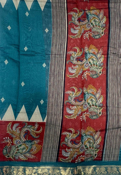 Malai Cotton Saree-Metallic Blue with Kalamkari Border