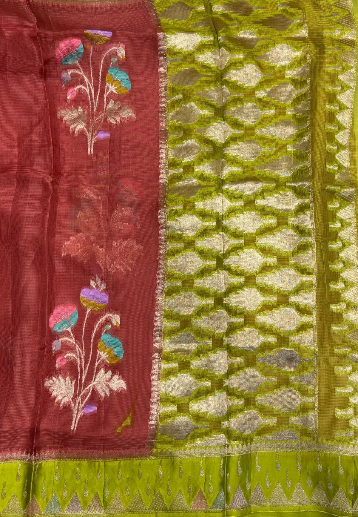 Silk Kota Saree-Dusky Peach in Traditional Ikat-Inspired Zari Border