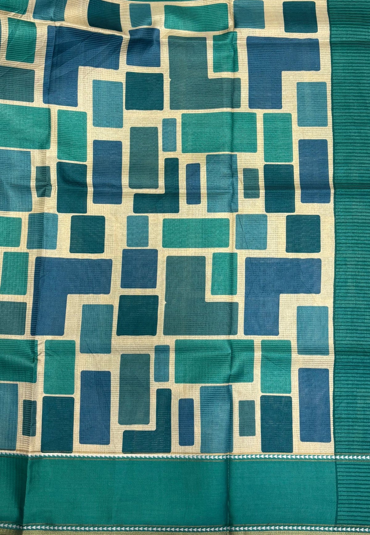 Tussar Saree-Teal Green in Geometric 3D Square Pattern Border