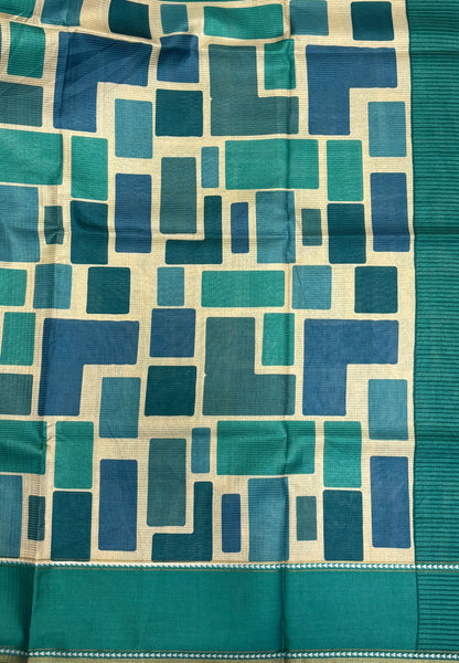 Tussar Saree-Teal Green in Geometric 3D Square Pattern Border