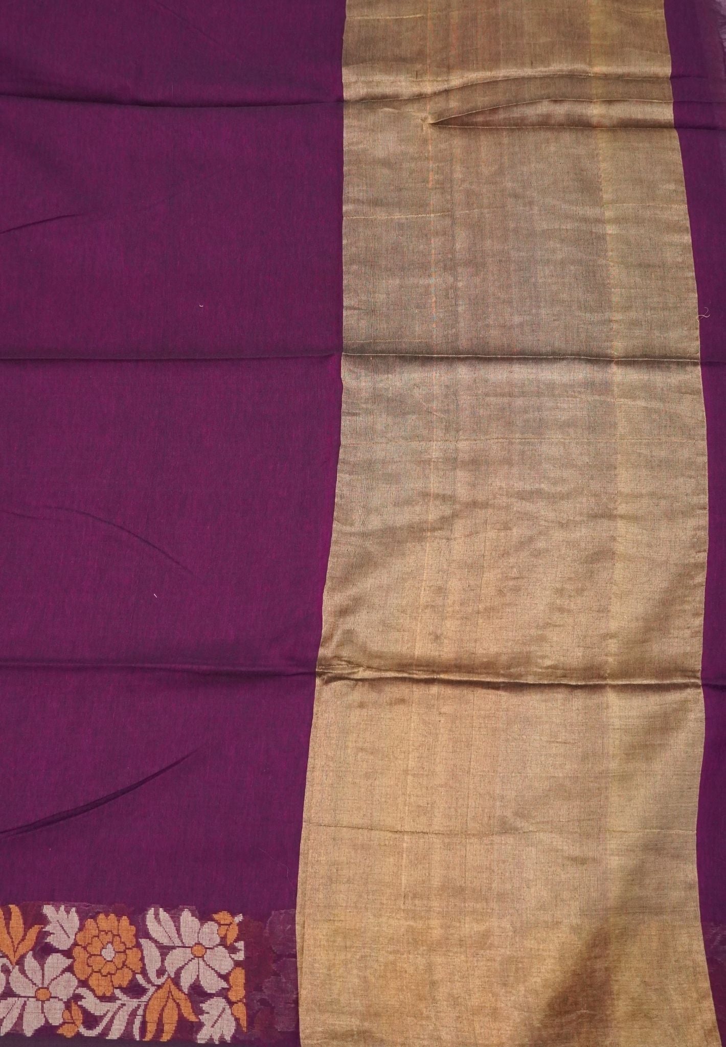 Handloom Cotton Saree-Wine Marigold Floral Jamdhani Border