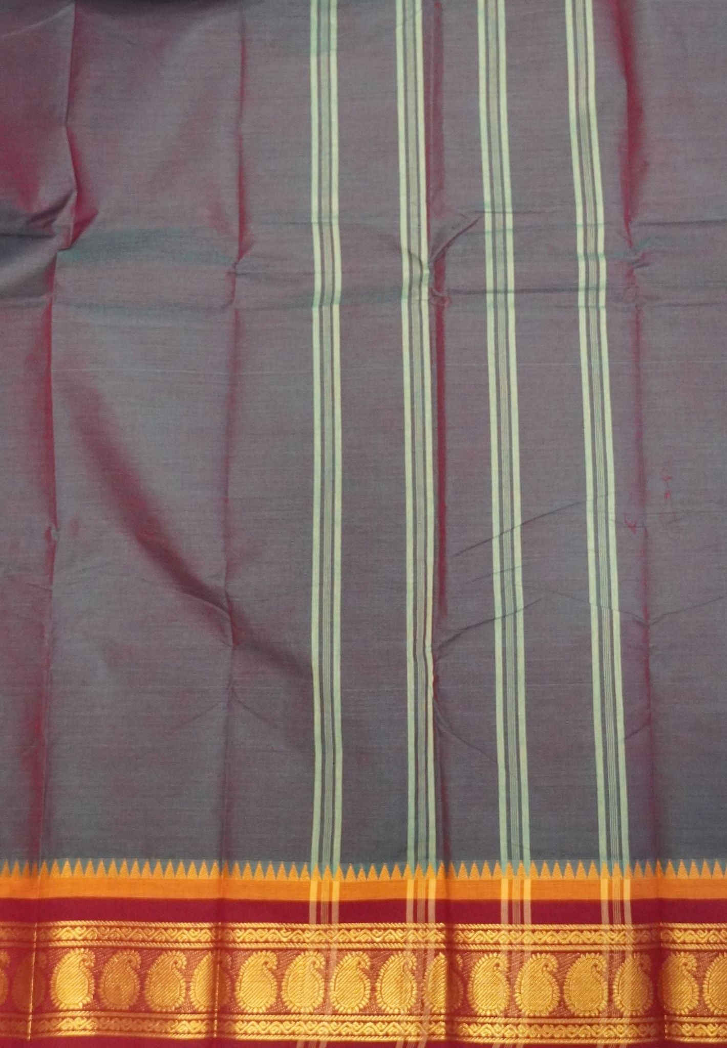 Kanchi Cotton Saree-Greenish Red With Paisley Zari Border