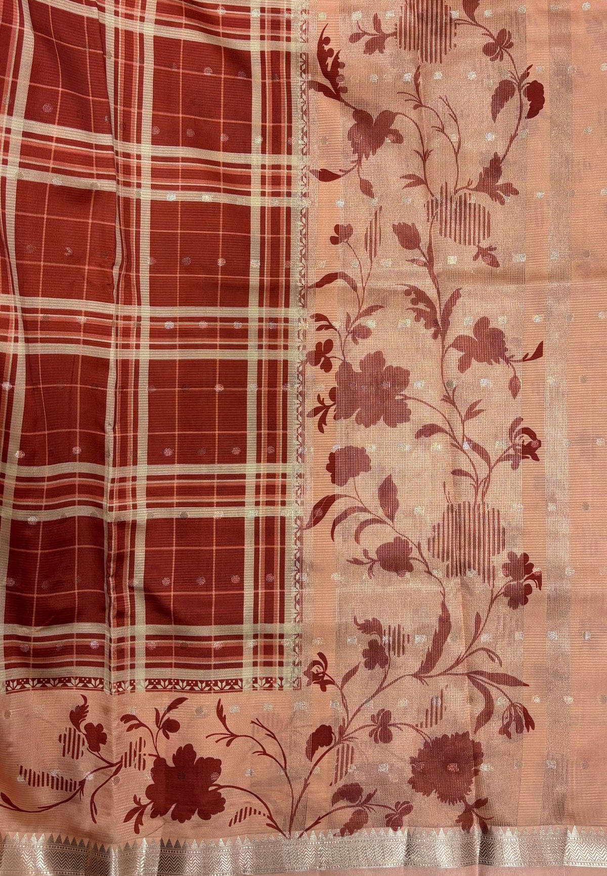 Soft Tussar Saree-Brick Red In Hibiscus Floral Border