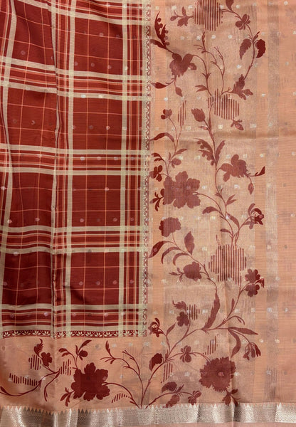 Soft Tussar Saree-Brick Red In Hibiscus Floral Border