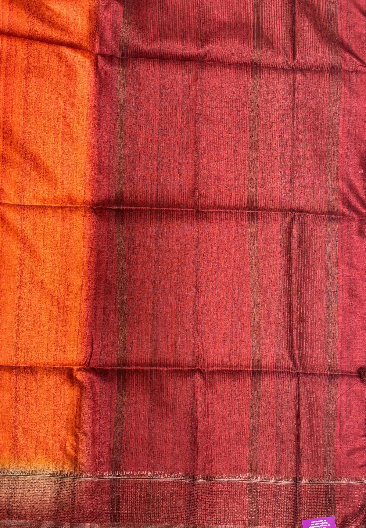 Matka Tussar Saree-Orange in Classic Striped Zari with Contrast Border
