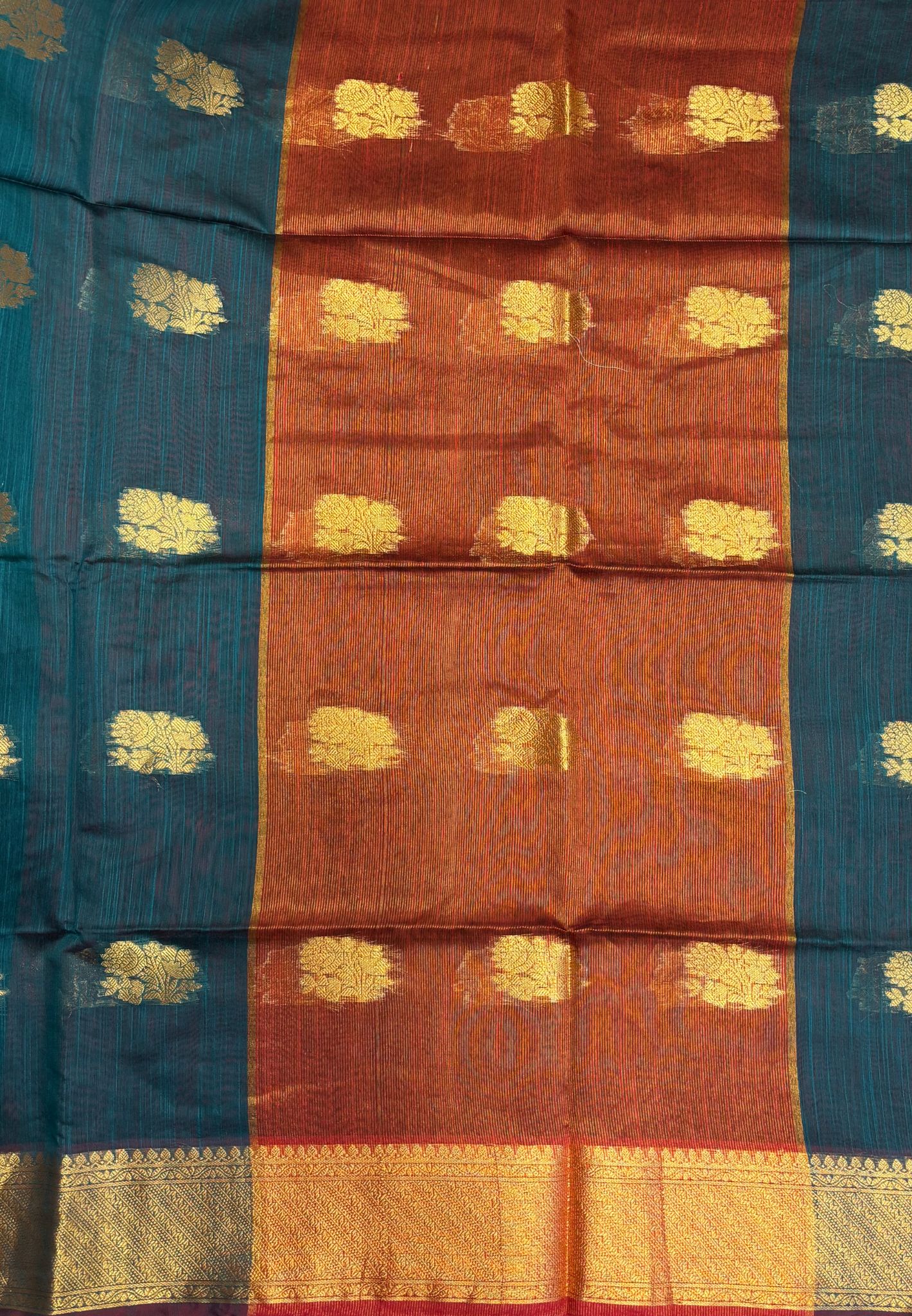Handloom Silk Cotton Saree-Peacock Green in Mini Butta Zari Border
