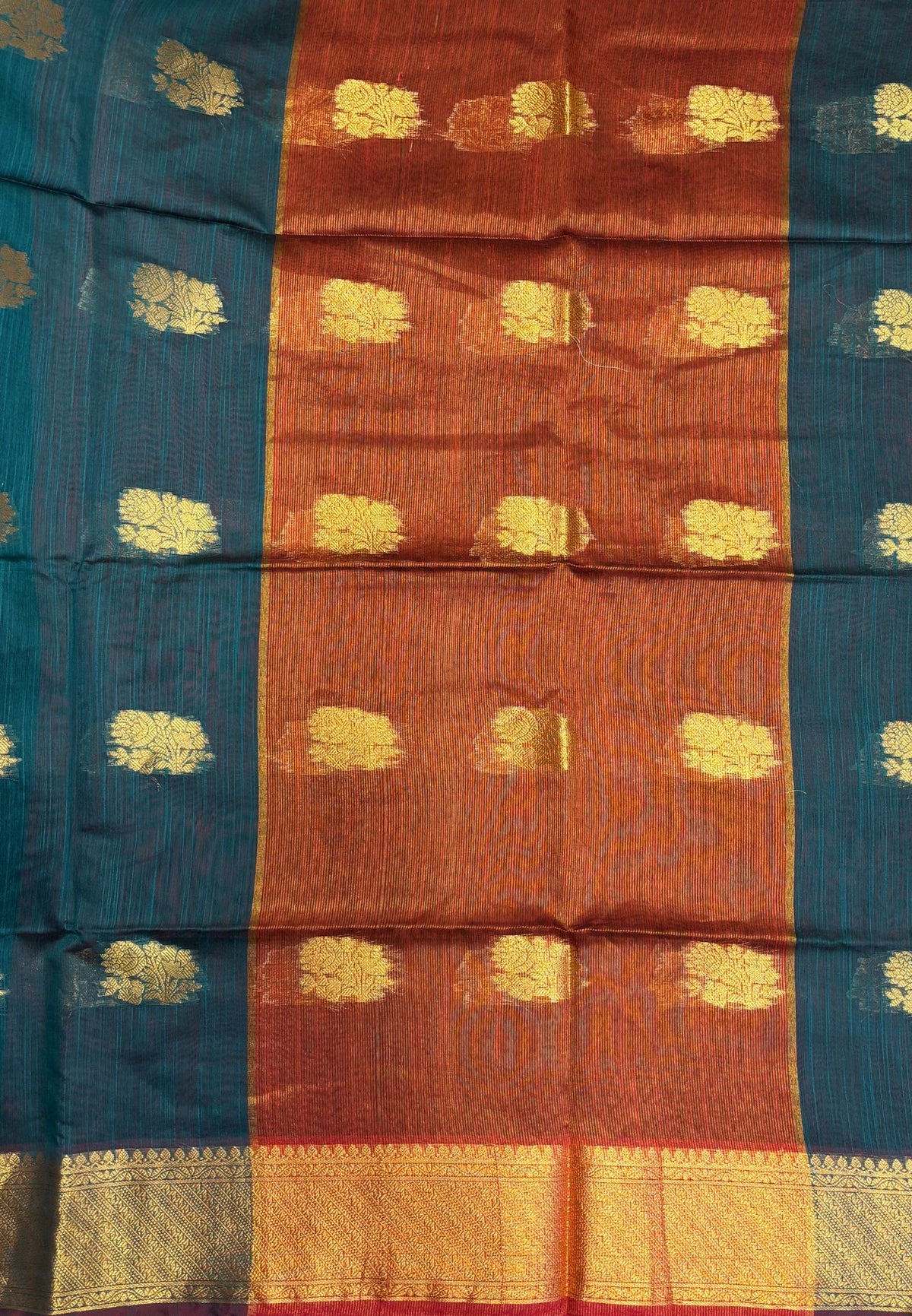 Handloom Silk Cotton Saree-Peacock Green in Mini Butta Zari Border