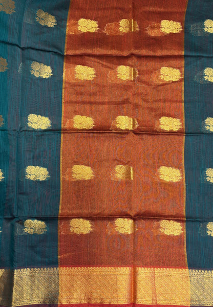 Handloom Silk Cotton Saree-Peacock Green in Mini Butta Zari Border