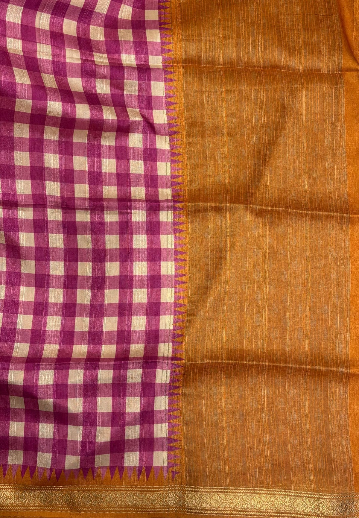 Matka Tussar saree-Magenta Pink in Checked Pattern with Temple Zari Border