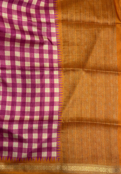 Matka Tussar saree-Magenta Pink in Checked Pattern with Temple Zari Border