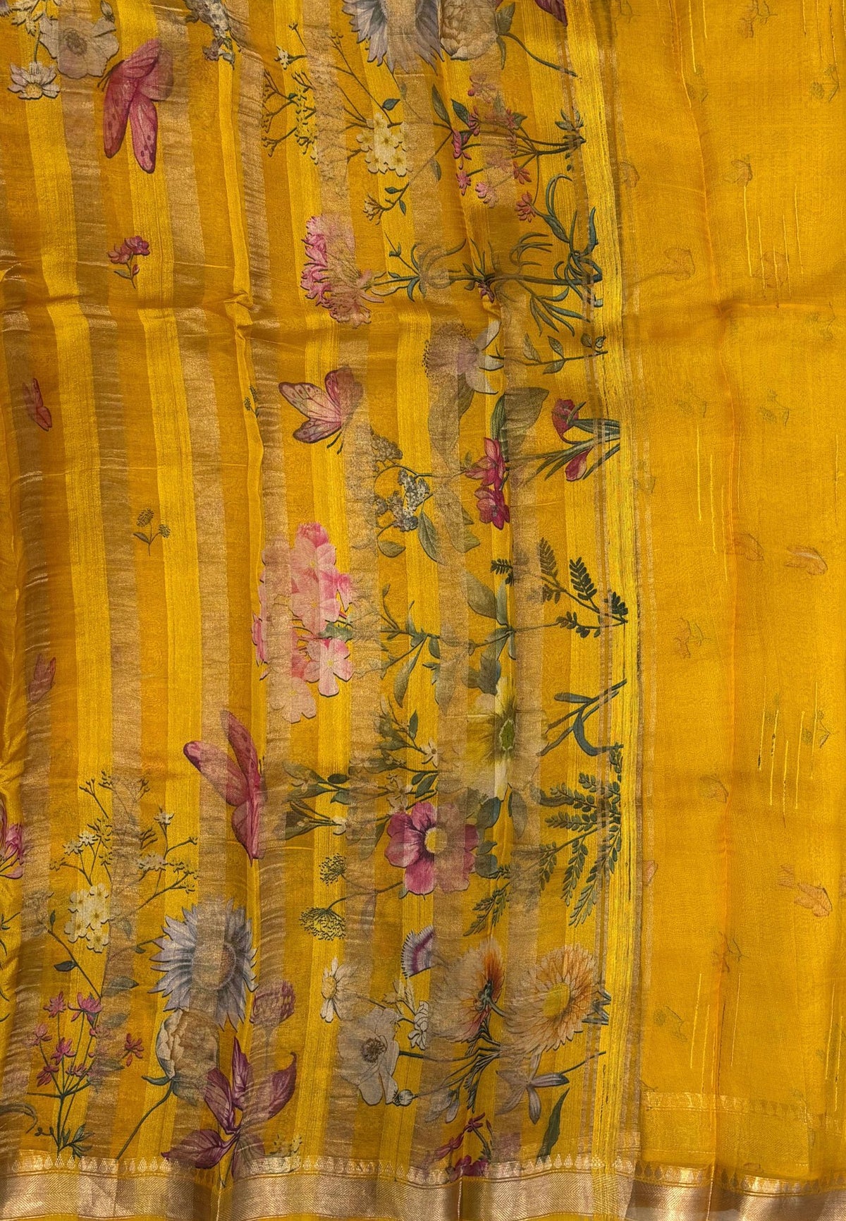 Pure Organza Tussar Saree-Mustard In Multi-Stripe Zari Border