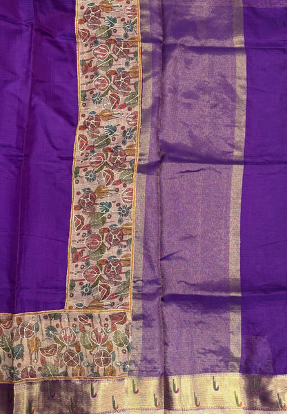 Silk Kota Saree-Violet In Kalamkari Embroidery Border