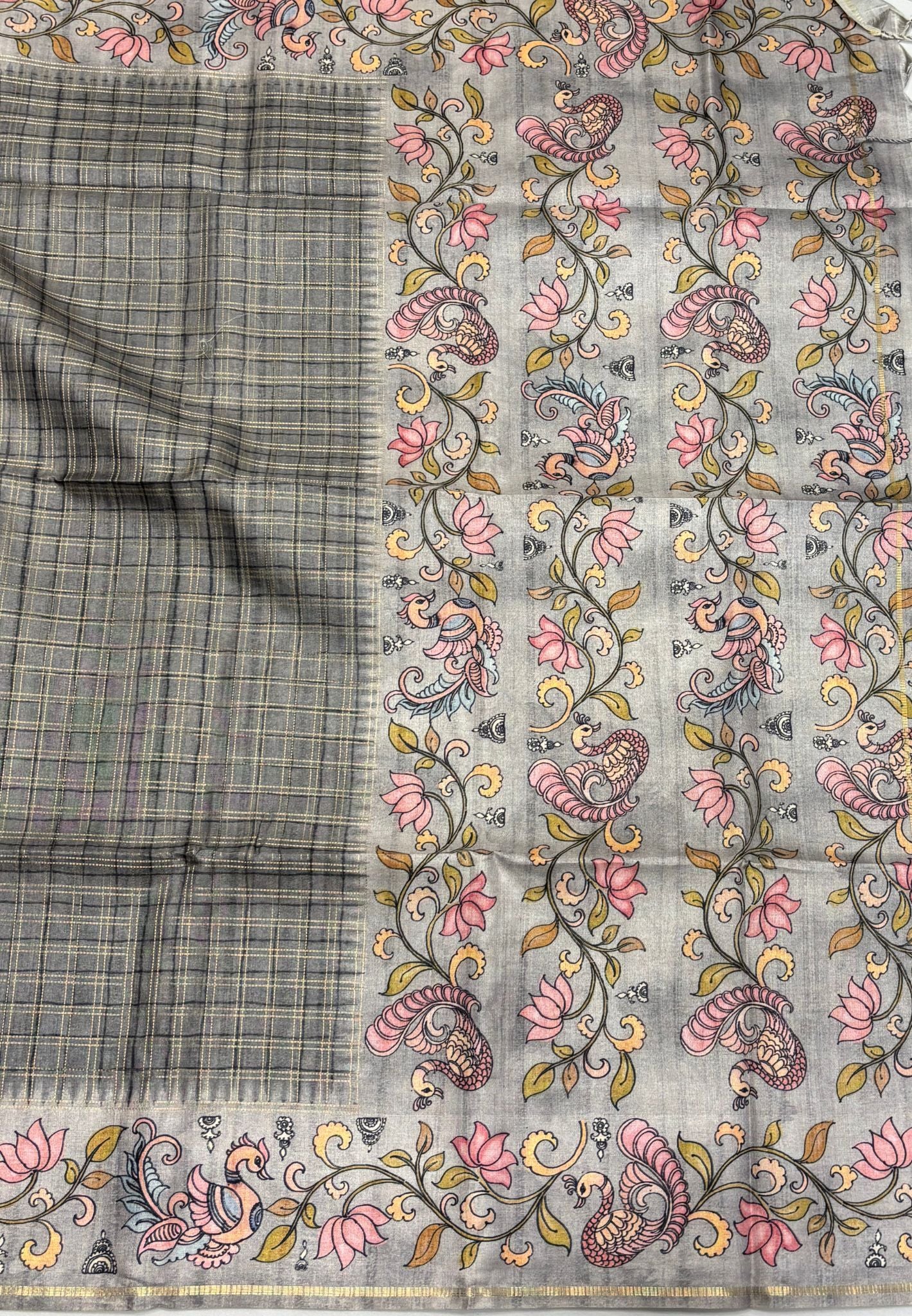 Matka Tussar Saree-Grey with Kalamkari Border