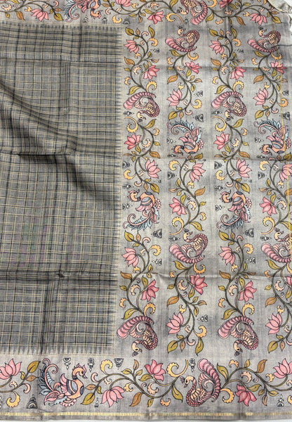 Matka Tussar Saree-Grey with Kalamkari Border