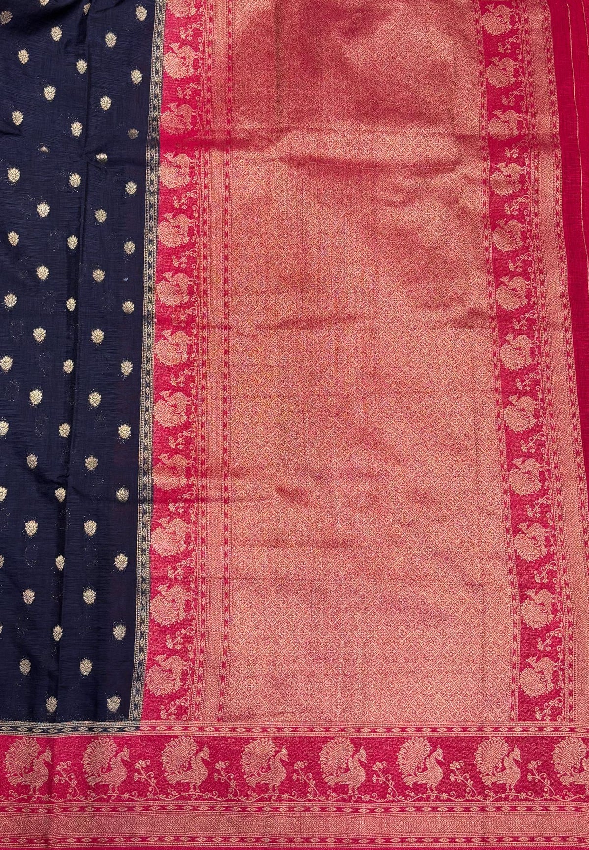 Tussar Linen Saree-Navy Blue in Traditional Peacock Floral Zari with Contrast Border