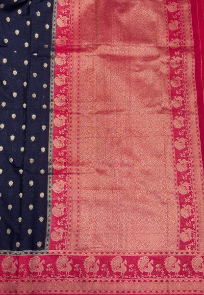 Tussar Linen Saree-Navy Blue in Traditional Peacock Floral Zari with Contrast Border