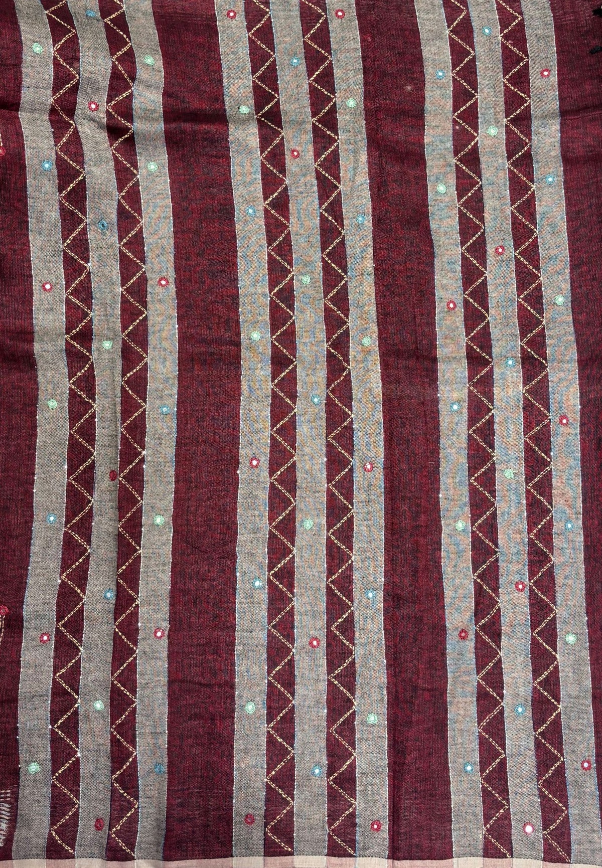 Linen Saree-Maroon in Kantha Mirror Work Border