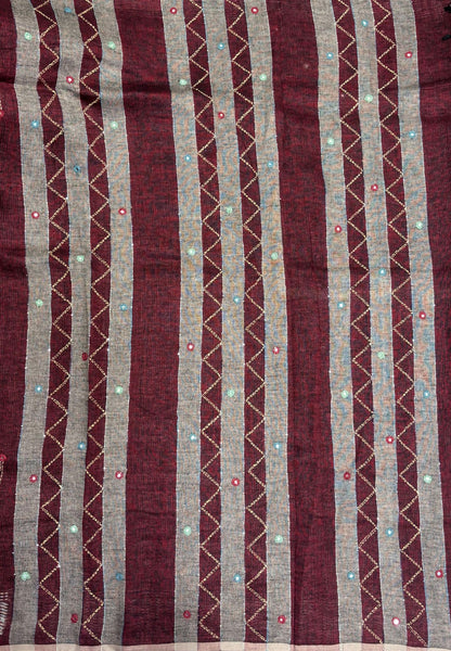 Linen Saree-Maroon in Kantha Mirror Work Border