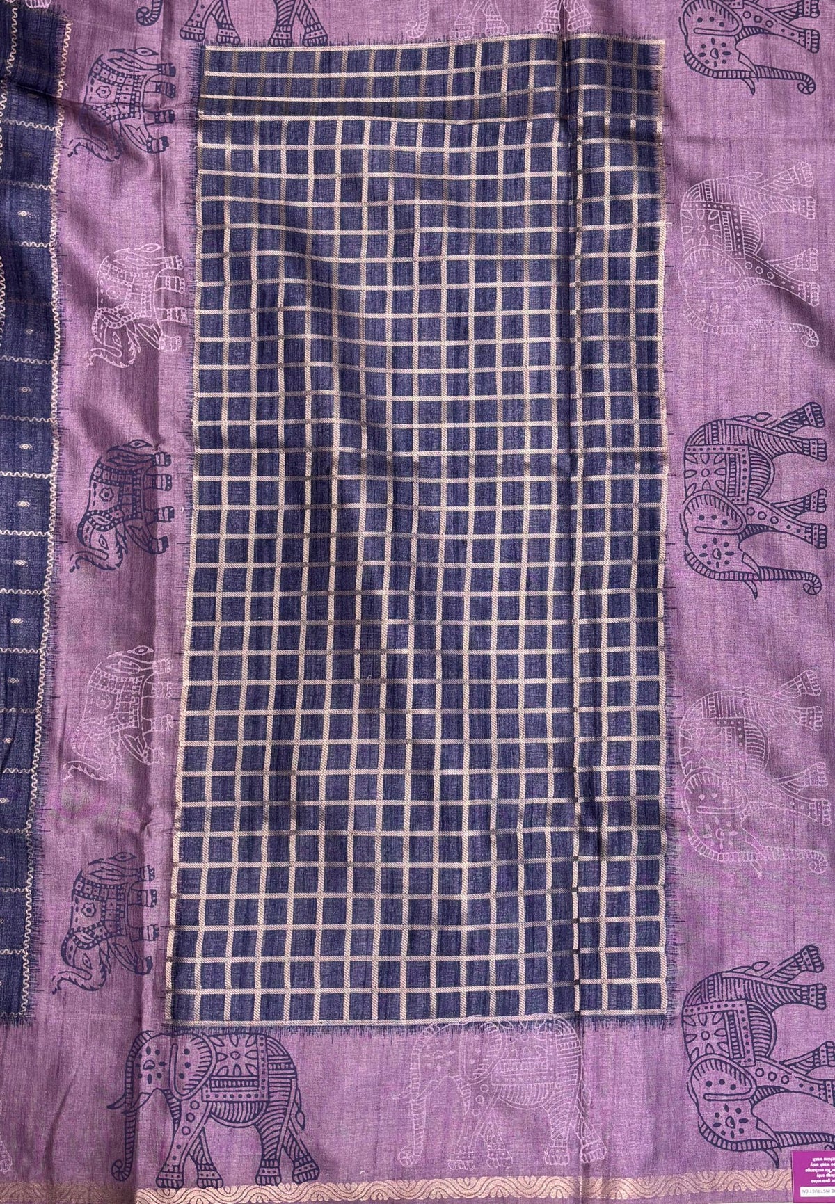 Semi Tussar Saree-Blue in Traditional Elephant Motif Zari with Contrast Border