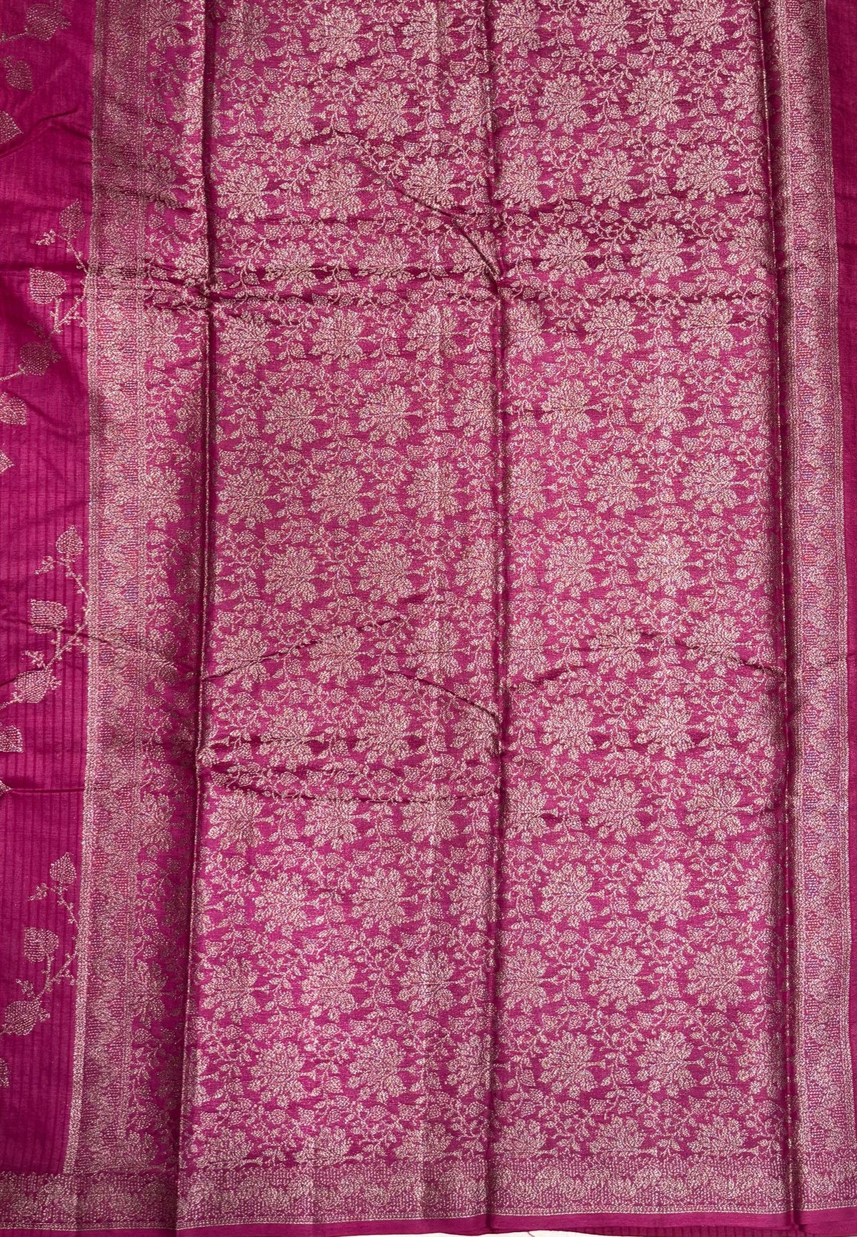 Pure Tussar Saree-Magenta in Floral Vine Brocade Border