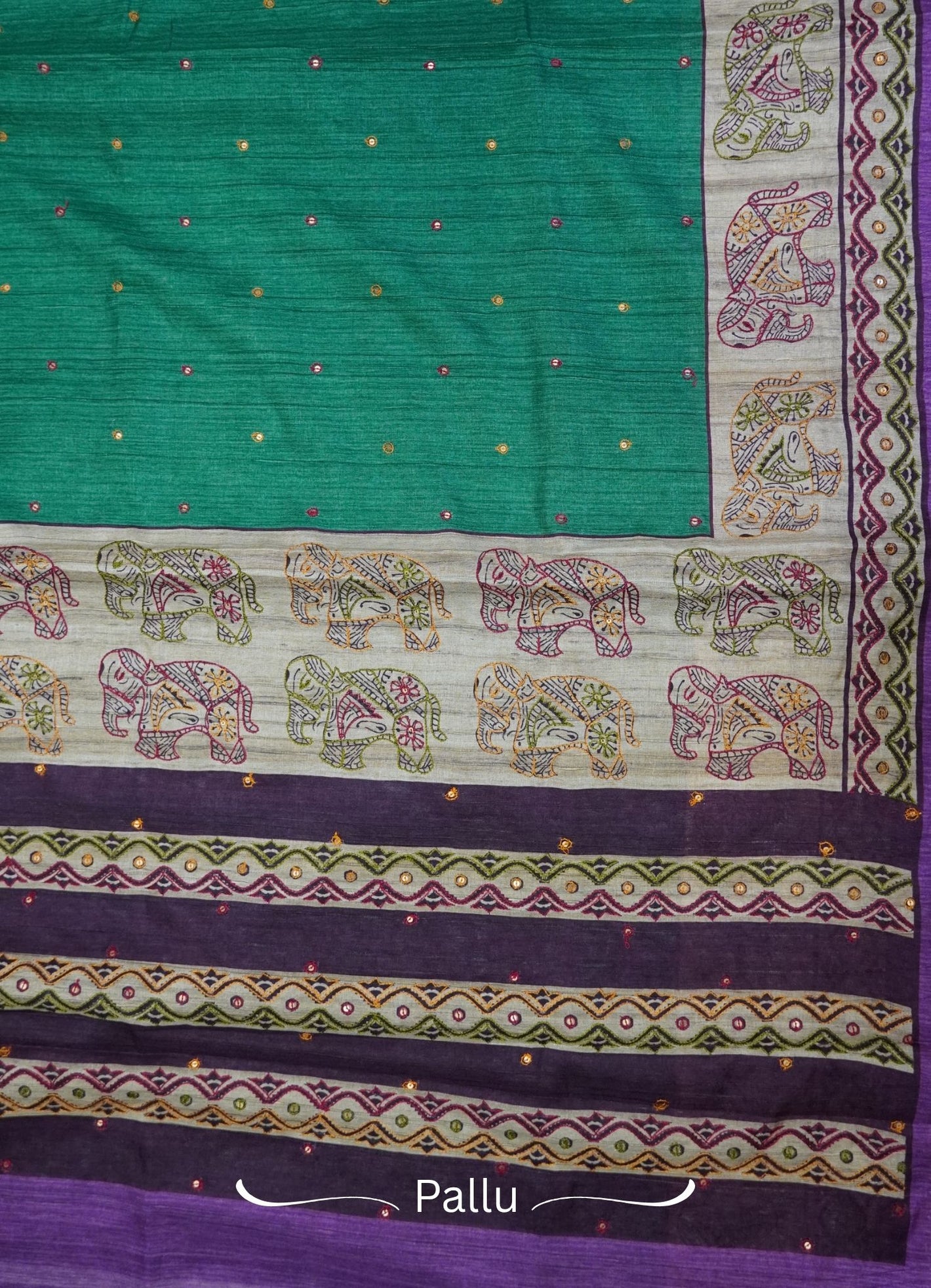 Semi Tussar Saree –  Green Purple Elephant Design
