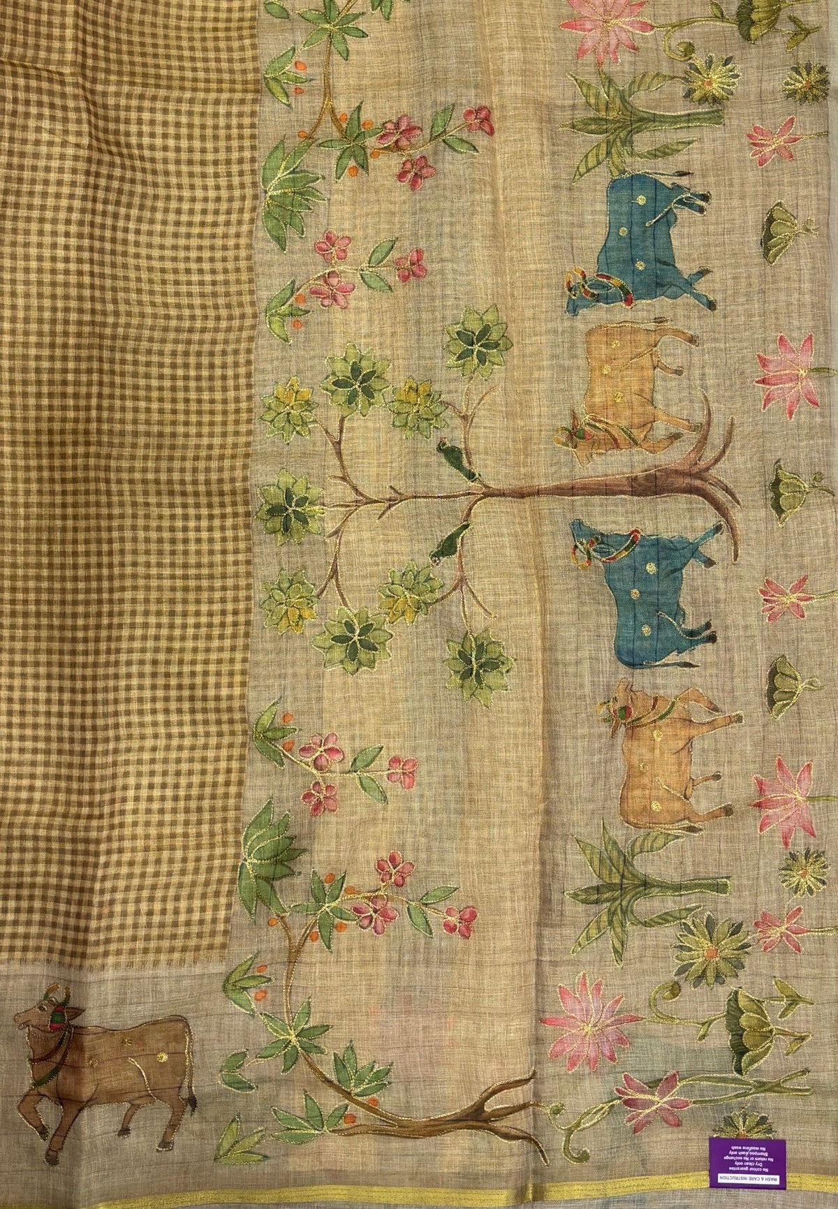 Tissue Linen Saree-Khaki in Pichwai Art Printed Border
