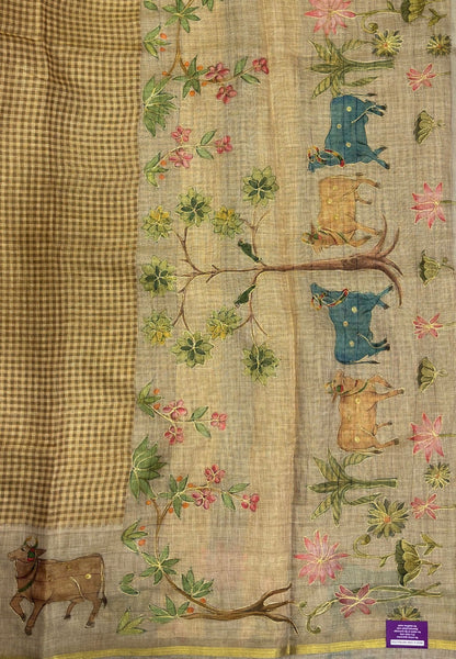 Tissue Linen Saree-Khaki in Pichwai Art Printed Border