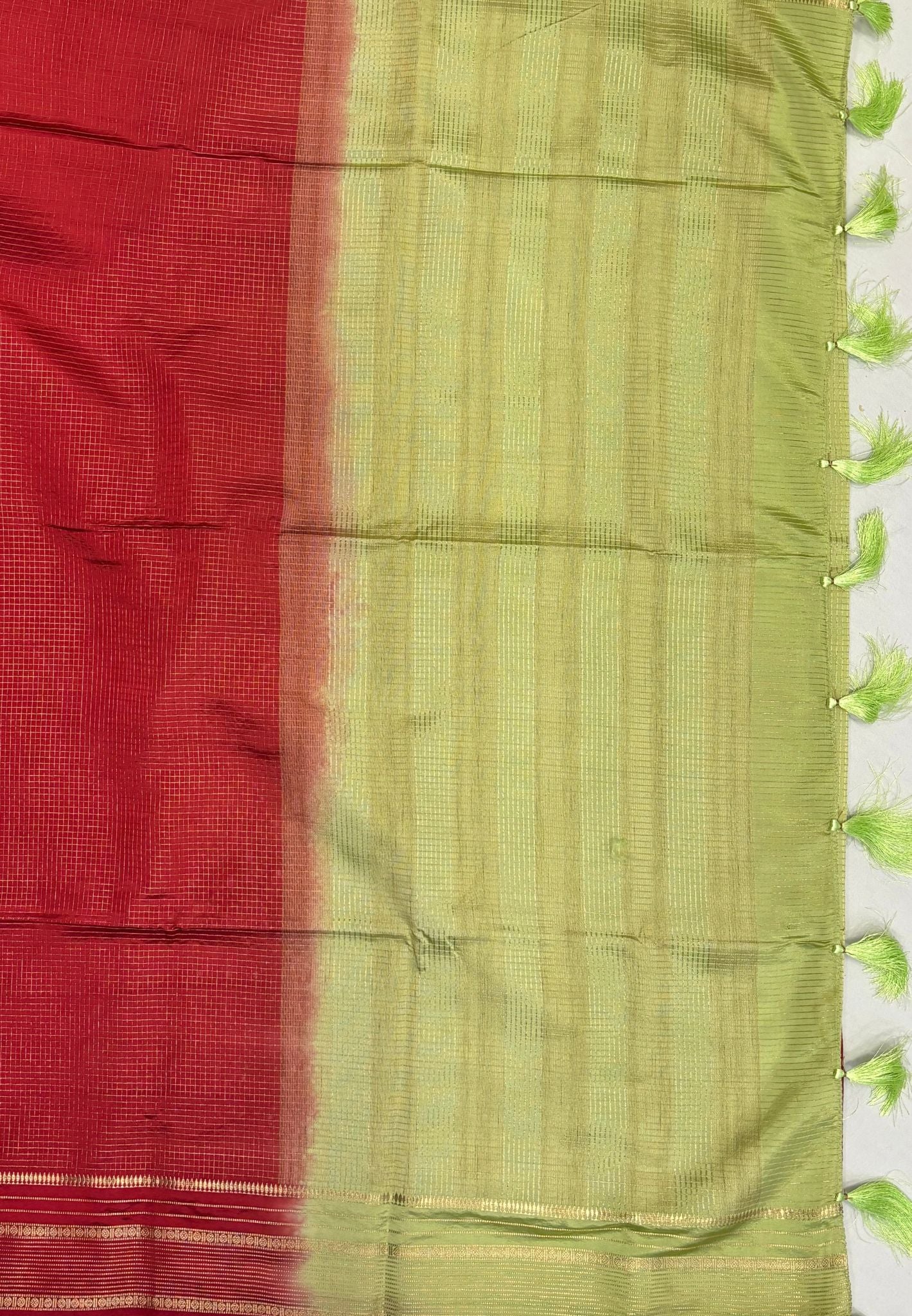 Mulberry Silk Saree-Red In Striped Zari With Contrast Border