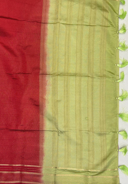 Mulberry Silk Saree-Red In Striped Zari With Contrast Border