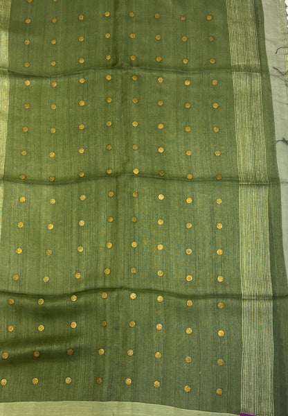 Pure Moonga Cotton Saree-Olive Green in Coin Butta with Striped Border