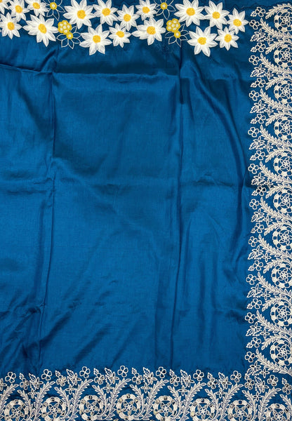 Rsian Silk Saree-Sulphate Blue In Daisy Floral Embroidery Border