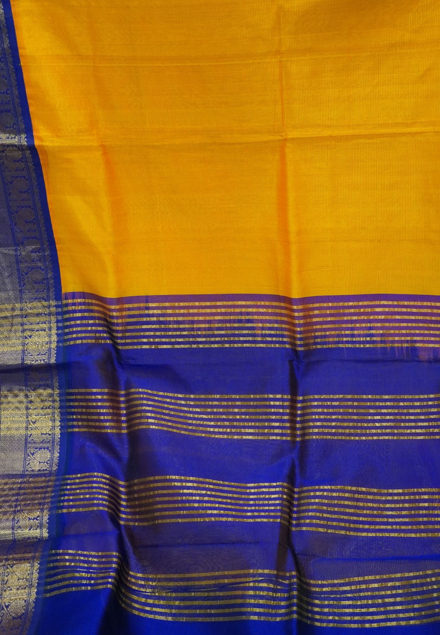 Silk Cotton Saree-Mango Yellow with Contrast Blue Border