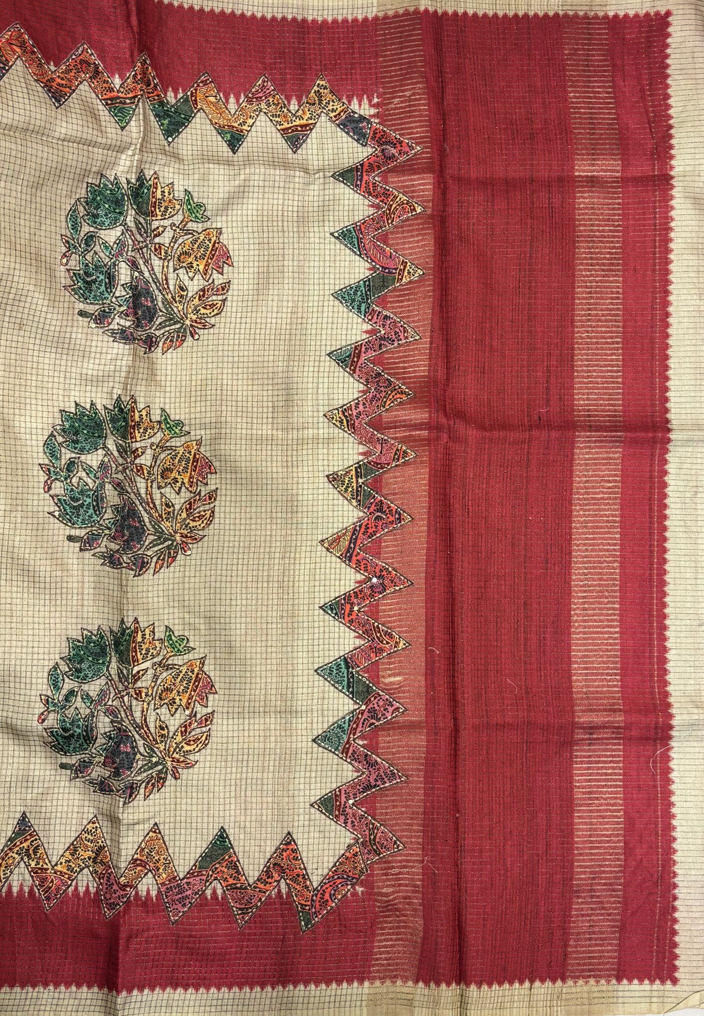Semi Tussar Saree-Cream in Zigzag Tribal Pattern Border
