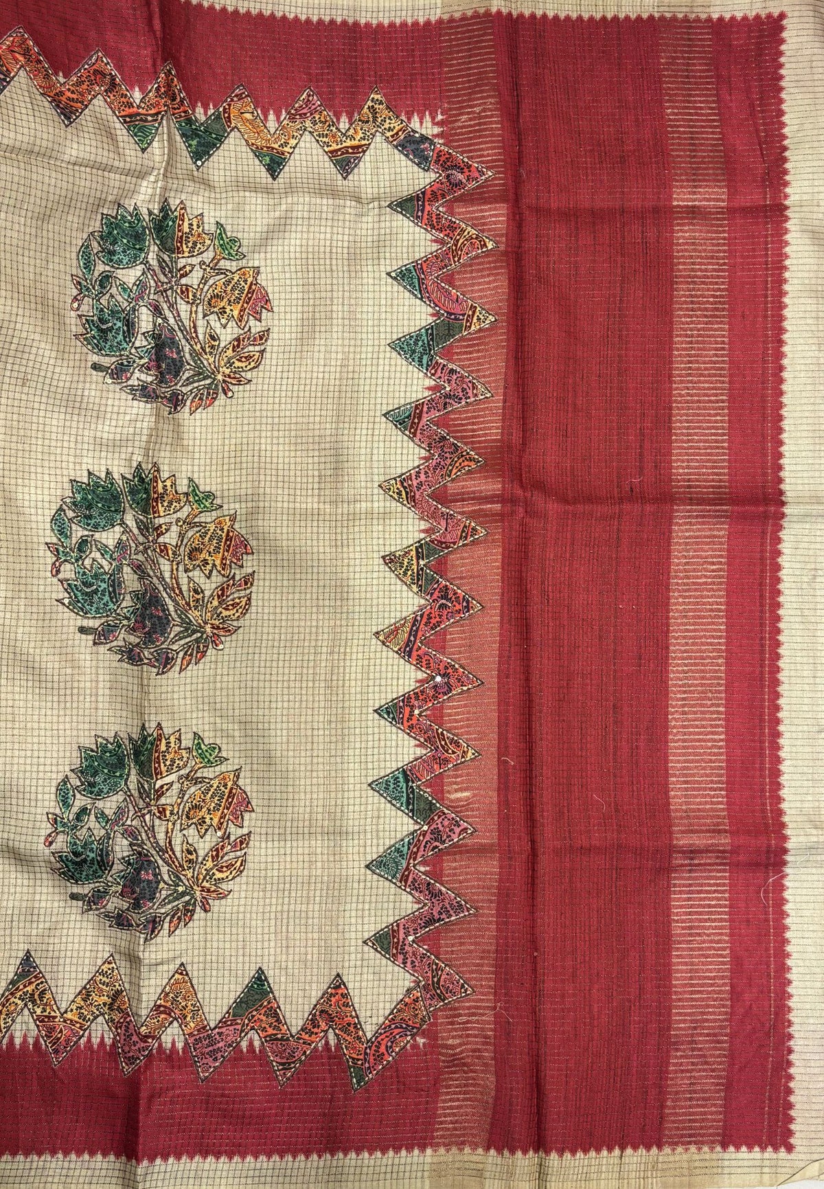 Semi Tussar Saree-Cream in Zigzag Tribal Pattern Border