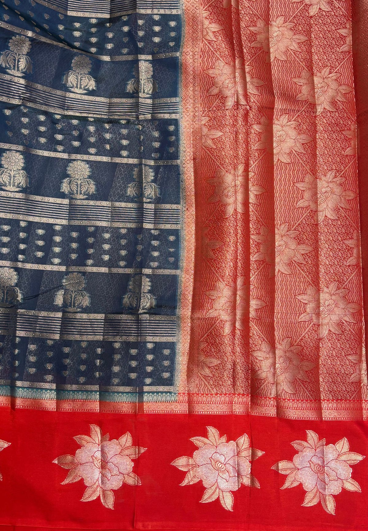 Kathan Silk Saree-Peacock Blue In Floral Brocade Zari Border