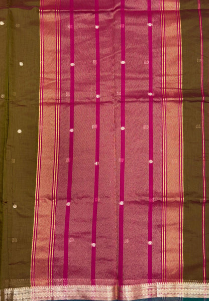 Handloom Cotton Saree-Manthulir Green In Horizontal Stripe Zari With Contrast Border