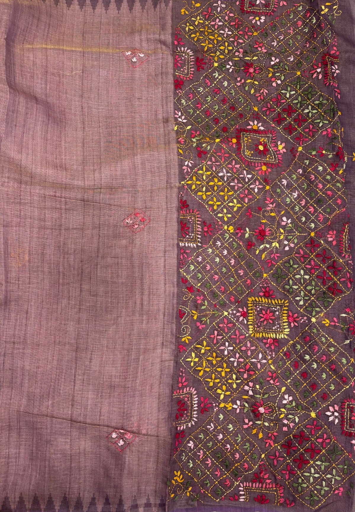 Tissue Linen Saree-Purple in Phulkari Embroidery Border