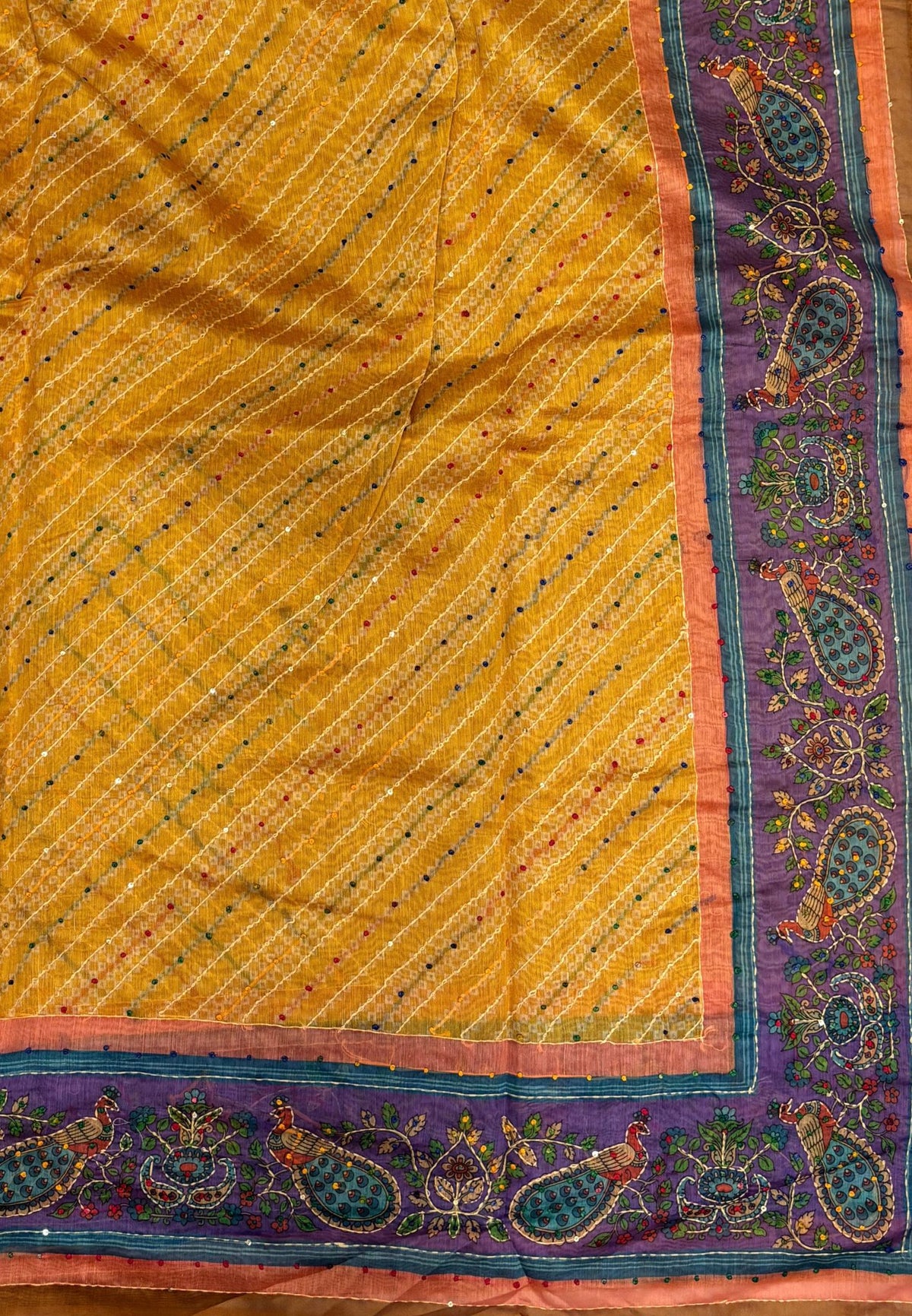 Chanderi Saree-Mustard In Peacock Floral Border