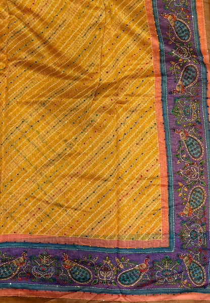 Chanderi Saree-Mustard In Peacock Floral Border