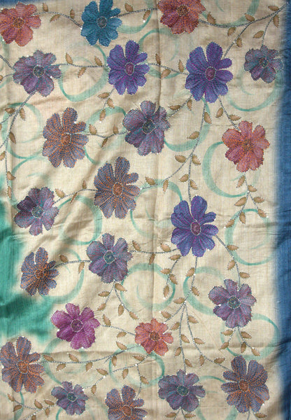 Semi Tussar Saree -Green with Kantha Work