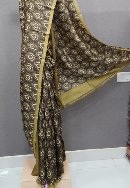 Pure Tussar Saree-Dark Brown with Ajrakh Print