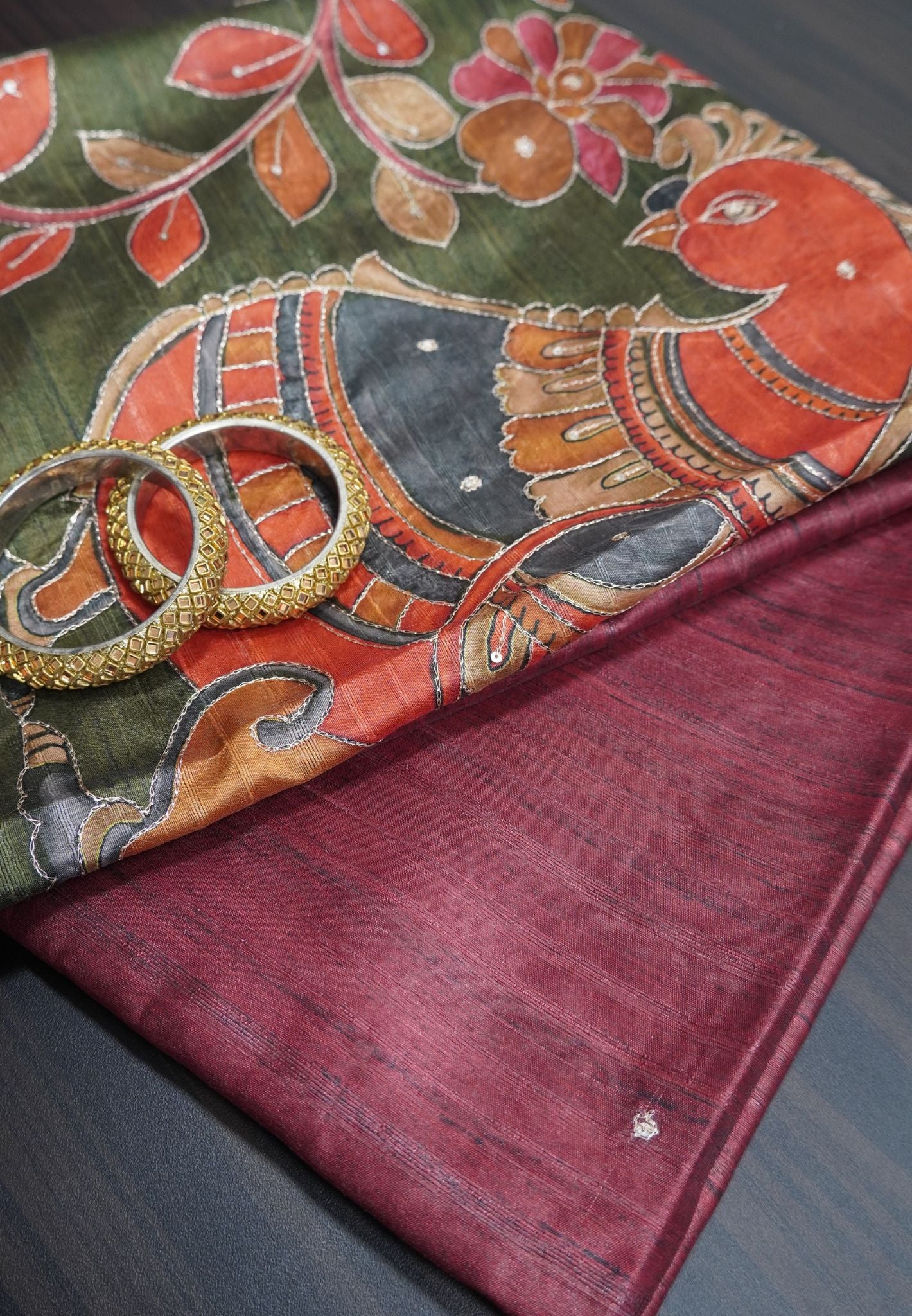 Semi Tussar Saree - Mayil Katch Work Maroon