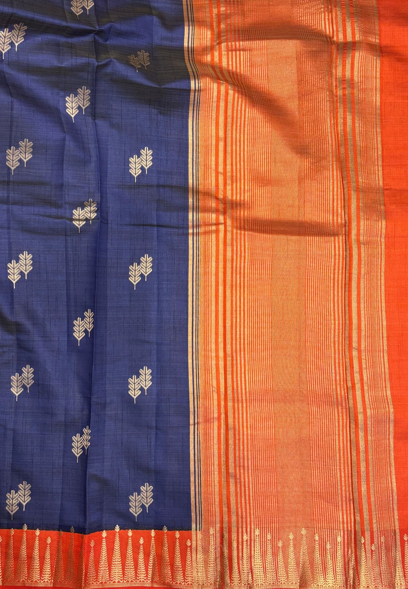 Semi Tussar Saree-Blue in Traditional Striped Zari with Contrast Border