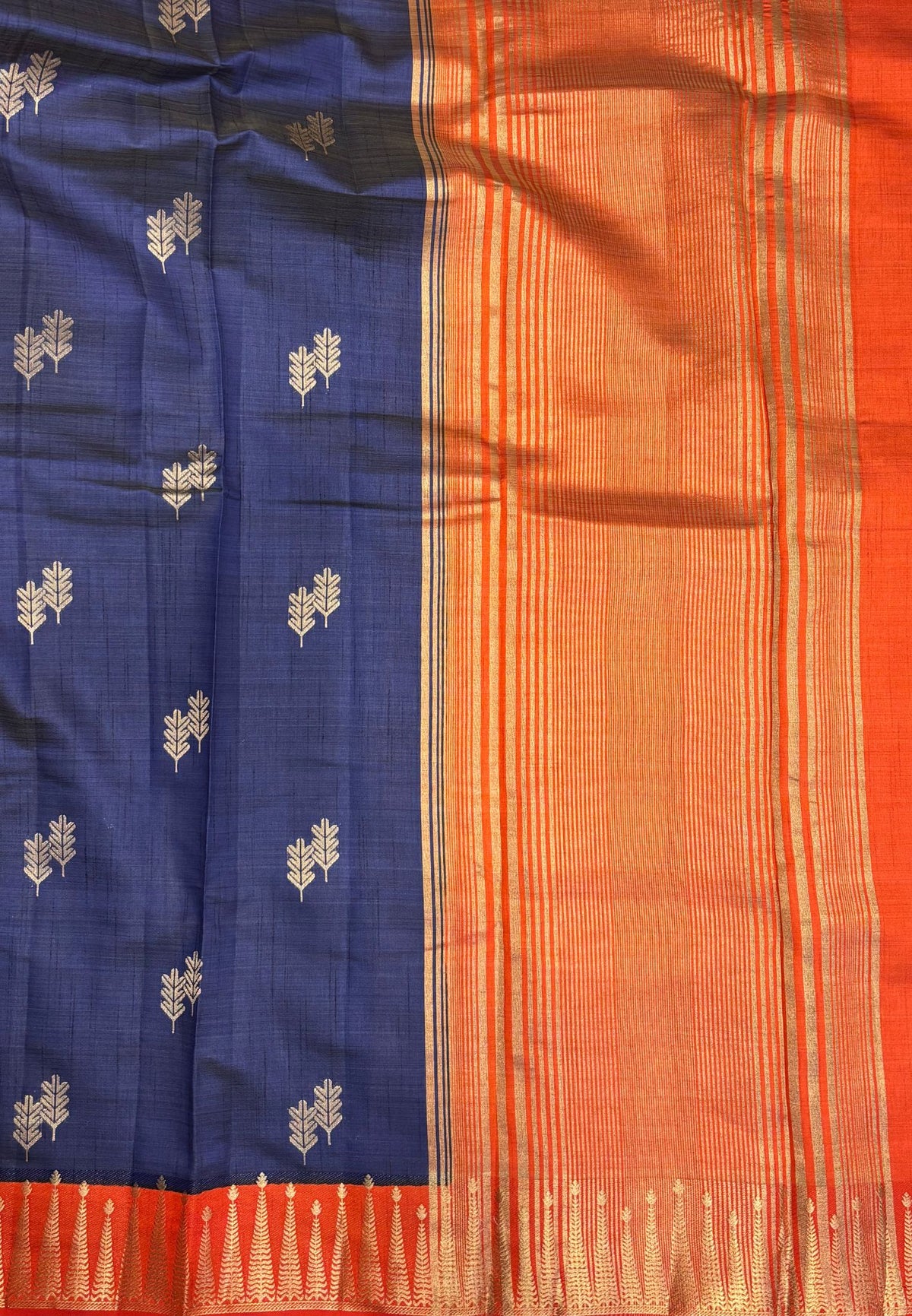 Semi Tussar Saree-Blue in Traditional Striped Zari with Contrast Border